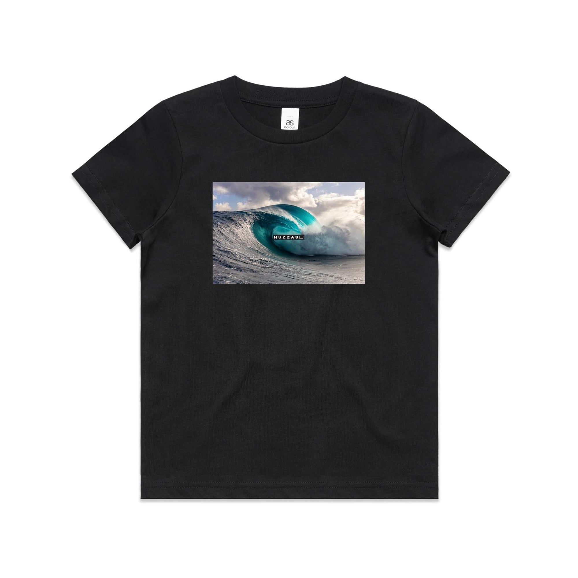 Huzzas Barrel Kids Tee — youth cotton surf t-shirt with barrel wave print, Gracetown