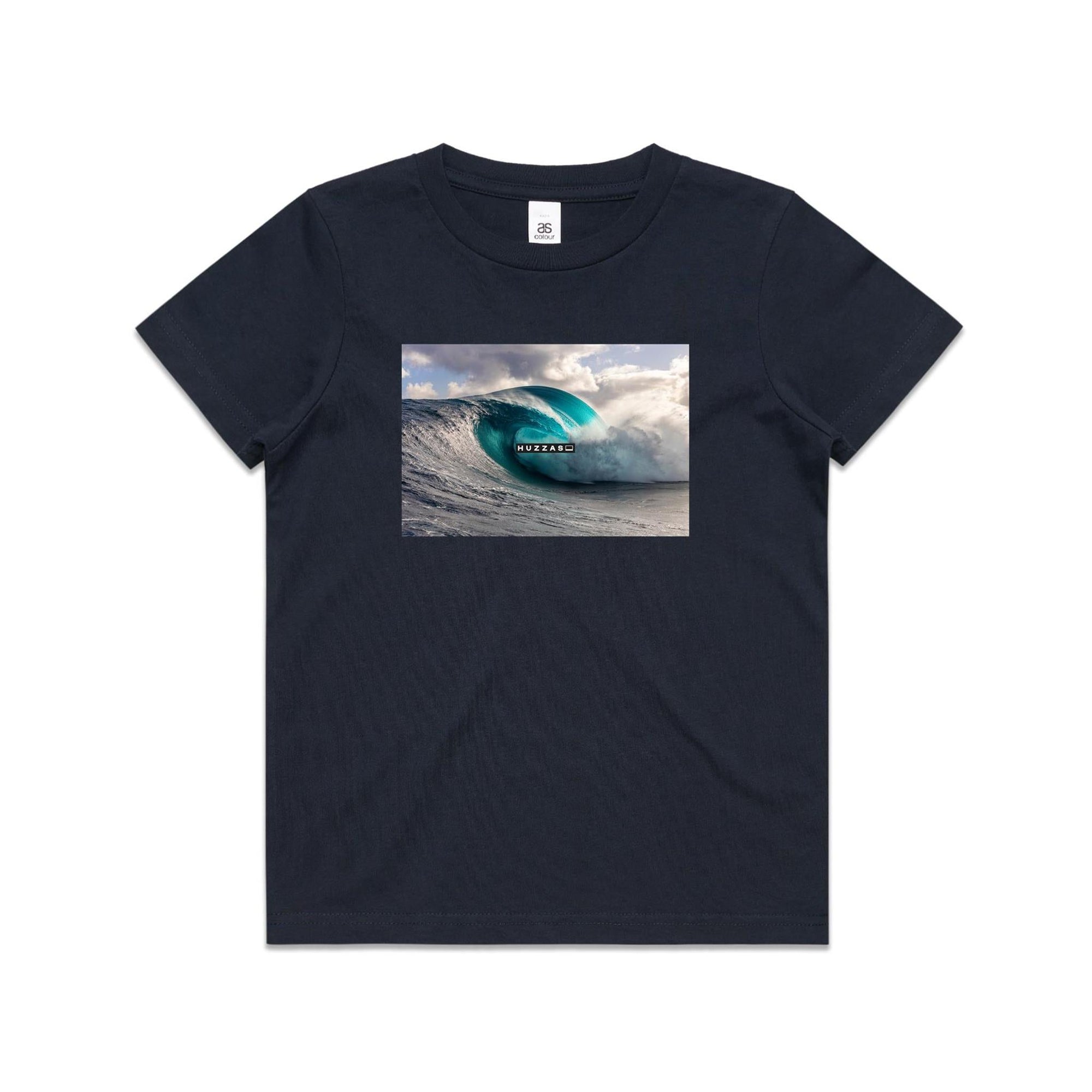 Huzzas Barrel Kids Tee — youth cotton surf t-shirt with barrel wave print, Gracetown