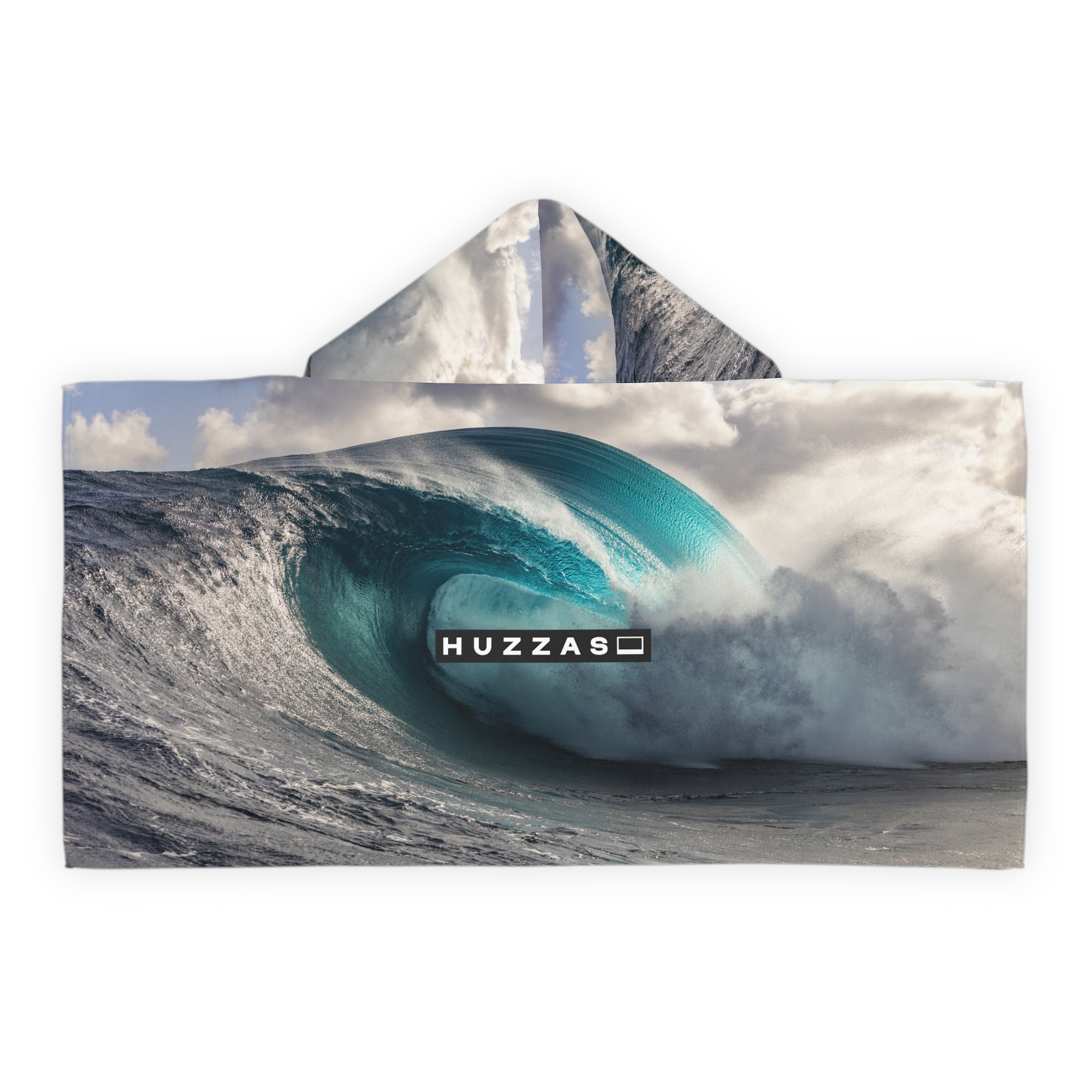 Huzzas Barrel Kids Poncho — youth hooded beach towel poncho with barrel wave print