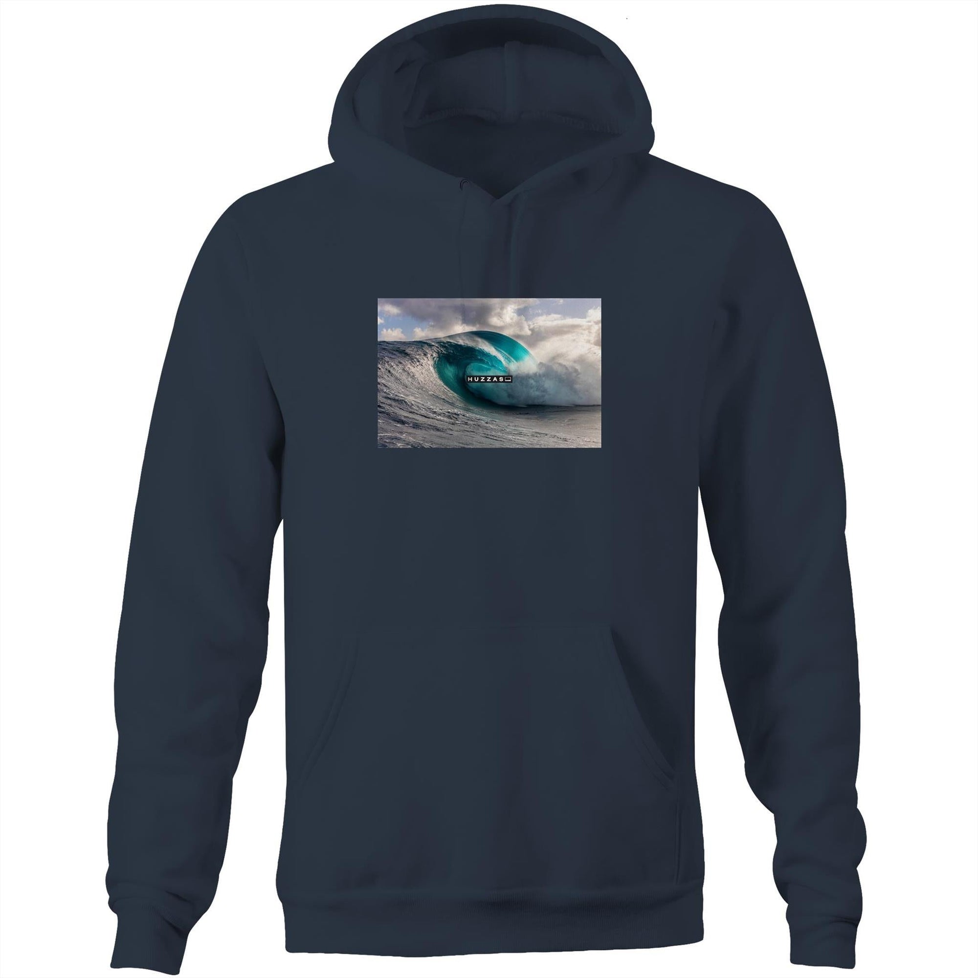 Huzzas Barrel Hoodie — unisex cotton surf pullover with barrel wave print, Gracetown WA