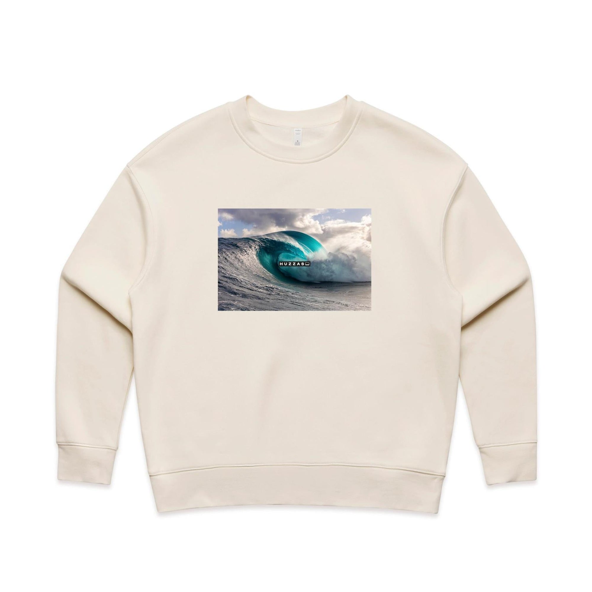 Huzzas Women's Barrel Crew Sweatshirt — women's cotton crew with barrel wave print