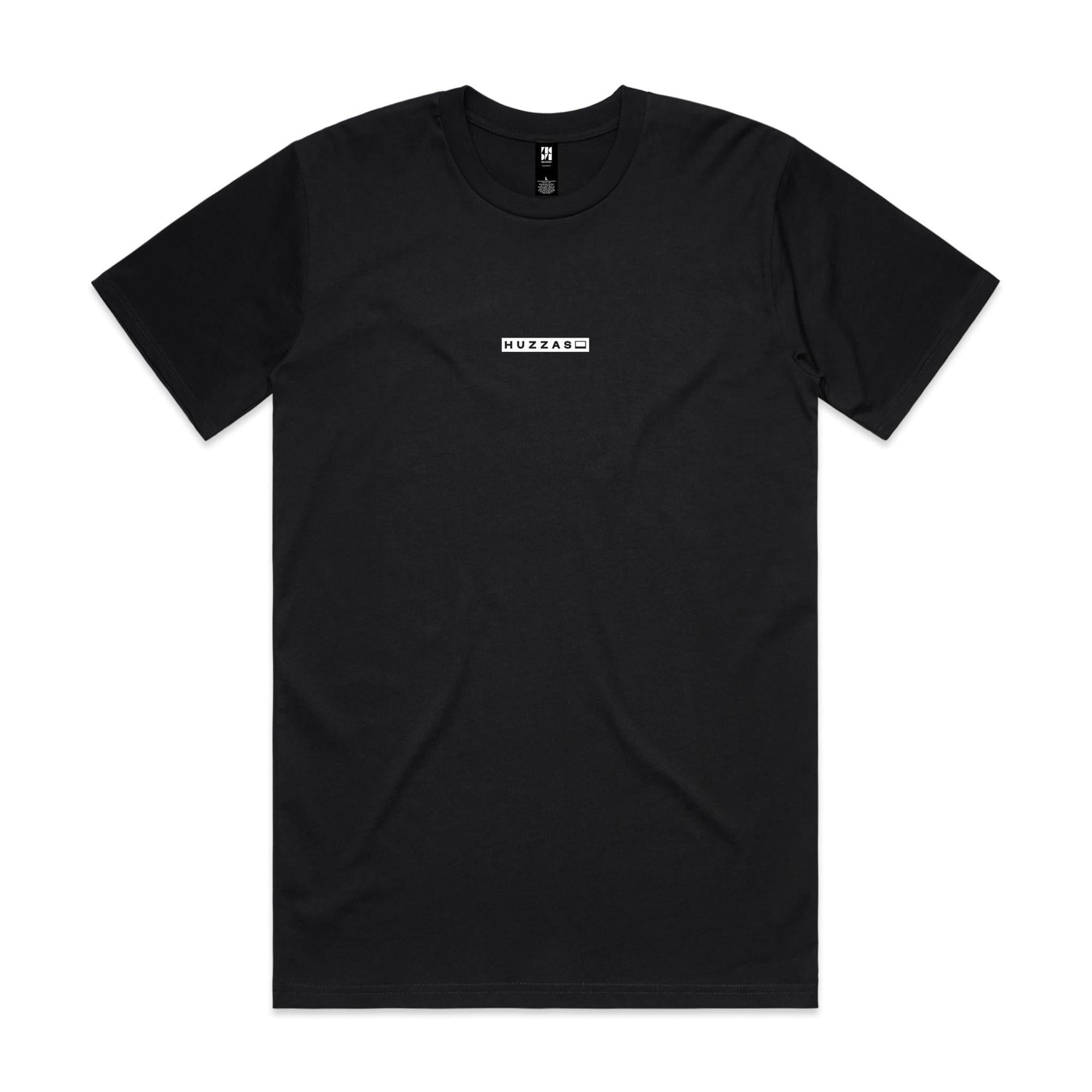 Huzzas Minimal Tee — unisex cotton t-shirt with box logo, Gracetown Western Australia