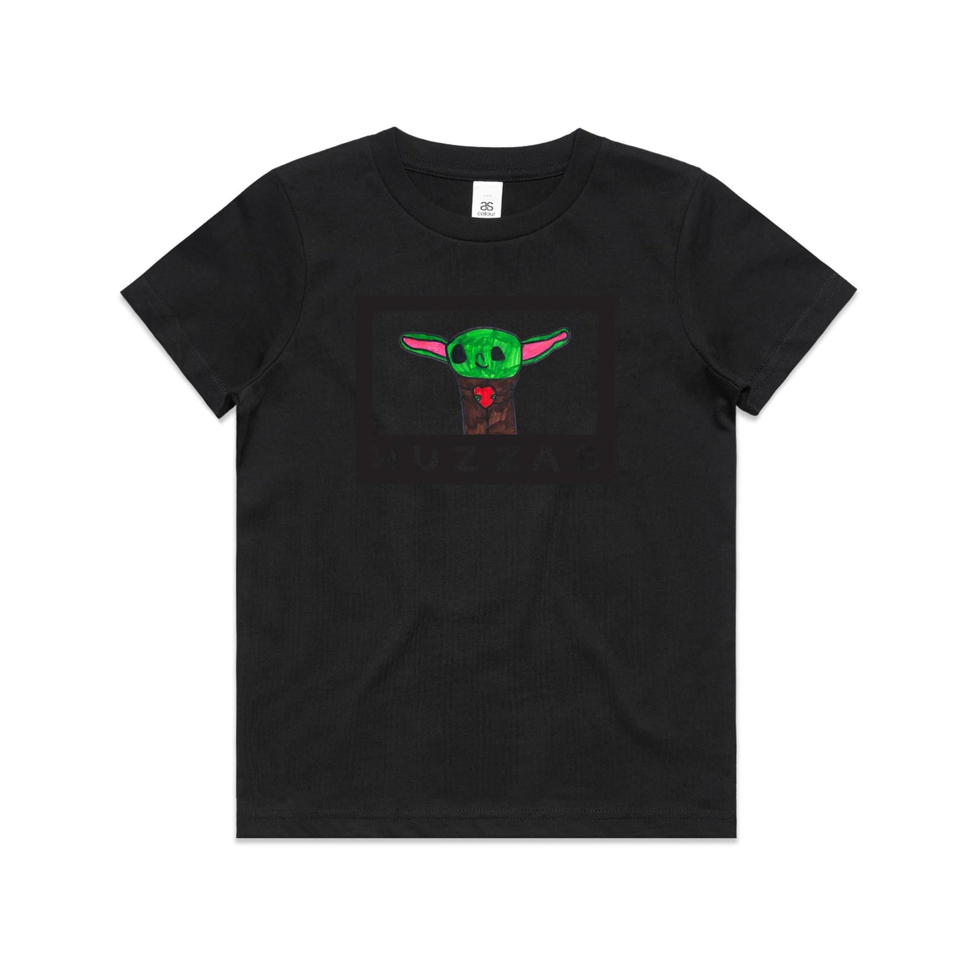 Amelia's Yoda Youth Tee — kids cotton t-shirt with Baby Yoda art by Amelia Bremner, age 8