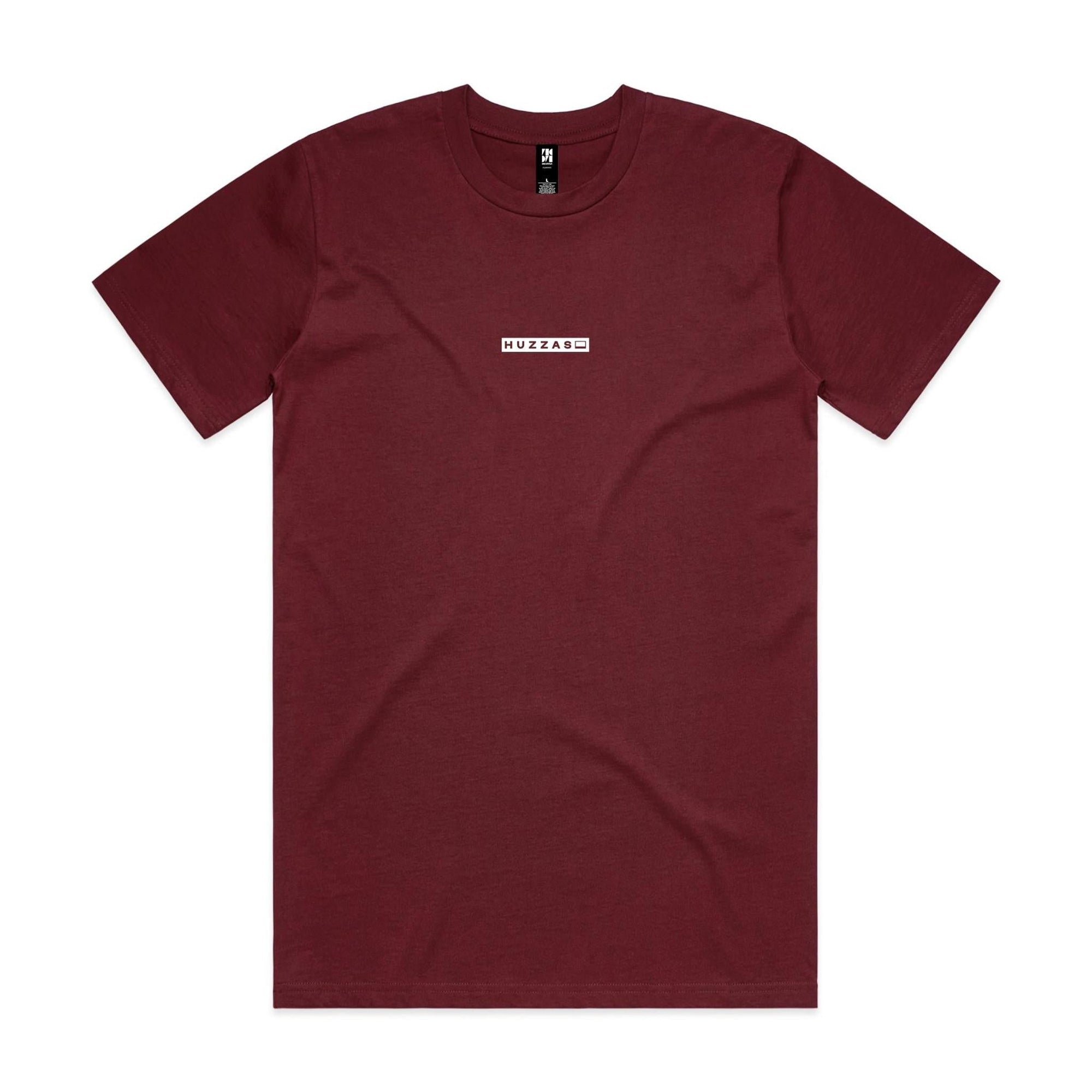 Huzzas Minimal Tee — unisex cotton t-shirt with box logo, Gracetown Western Australia