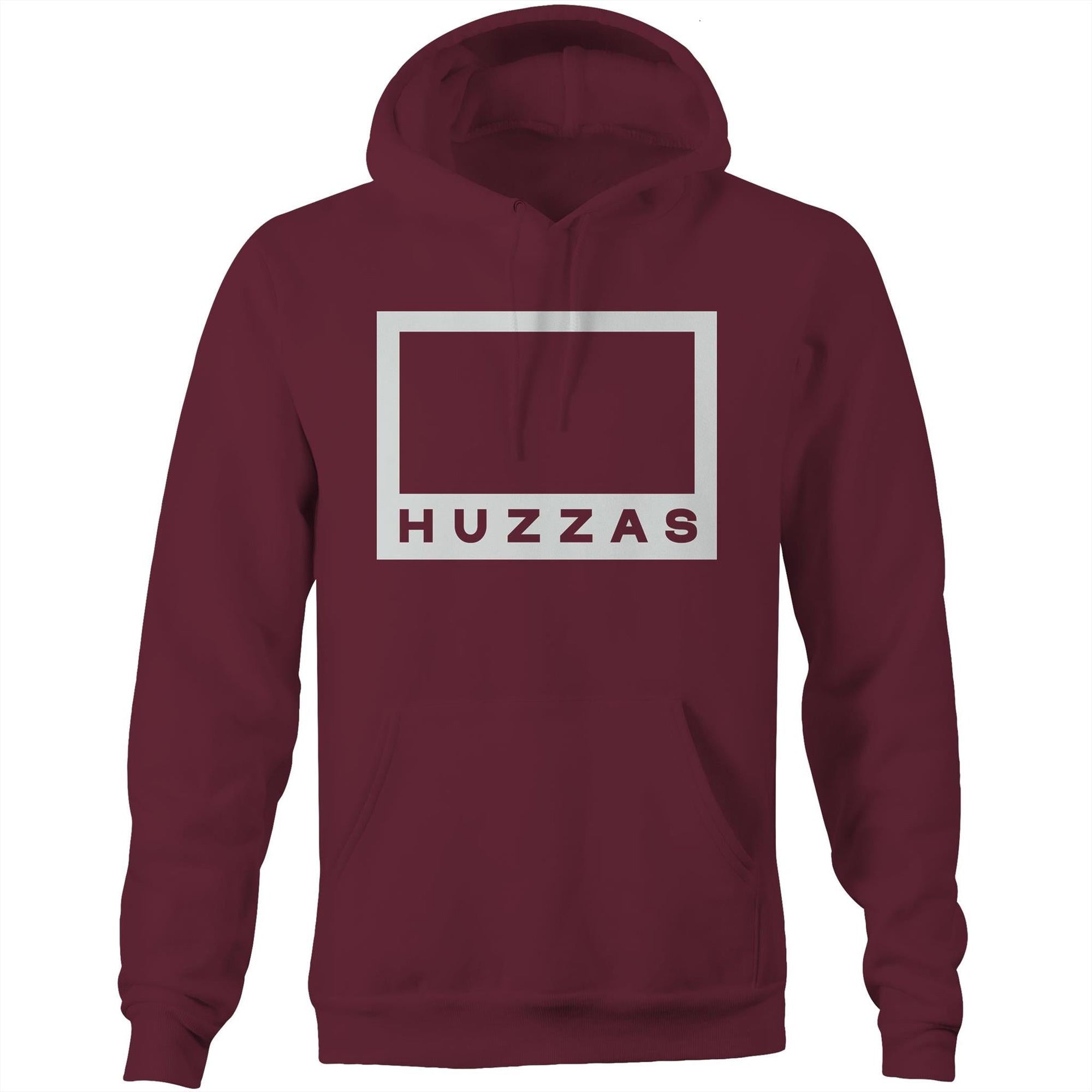 Huzzas Box Logo Hoodie — heavyweight unisex cotton pullover hoodie by Huzzas, Gracetown WA