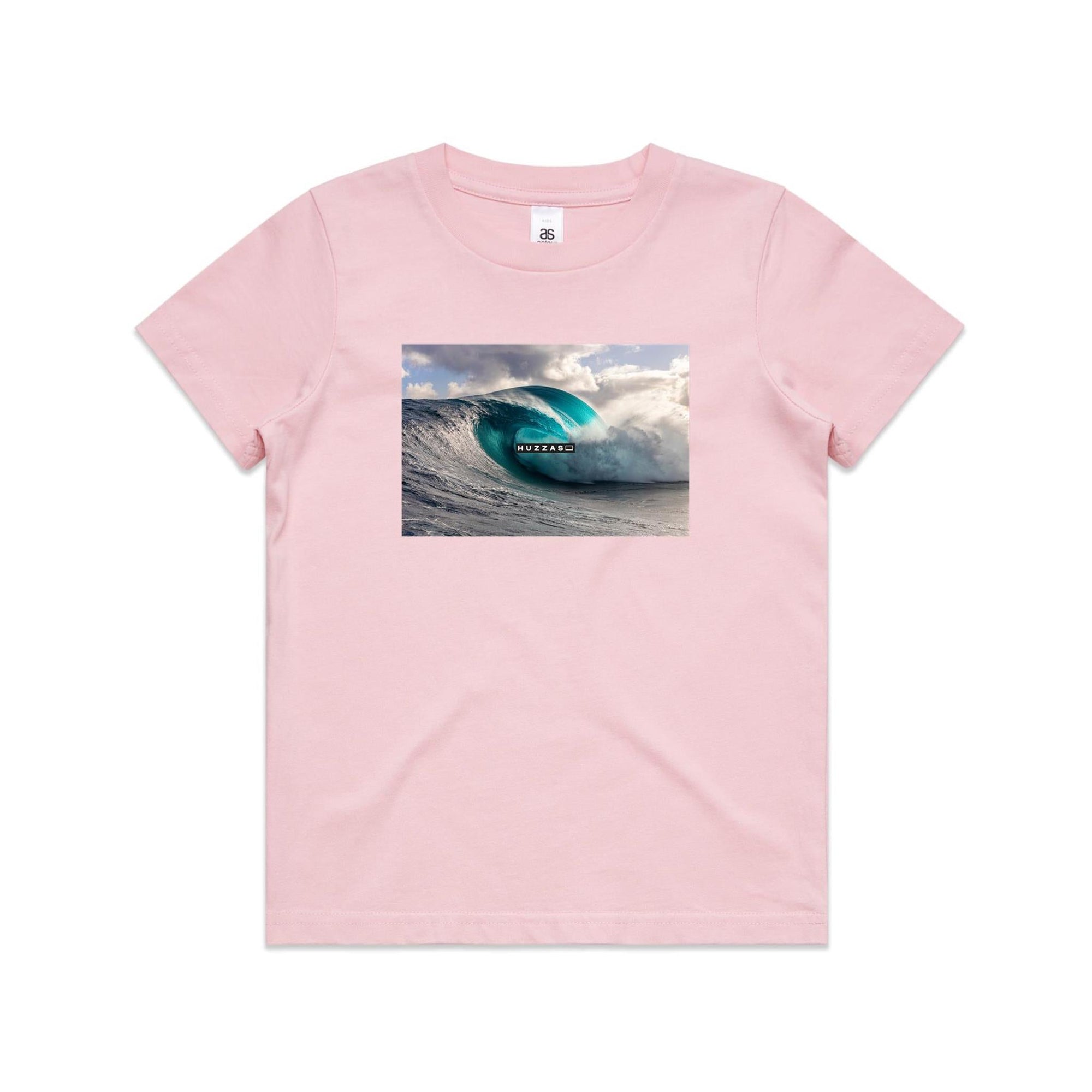 Huzzas Barrel Kids Tee — youth cotton surf t-shirt with barrel wave print, Gracetown