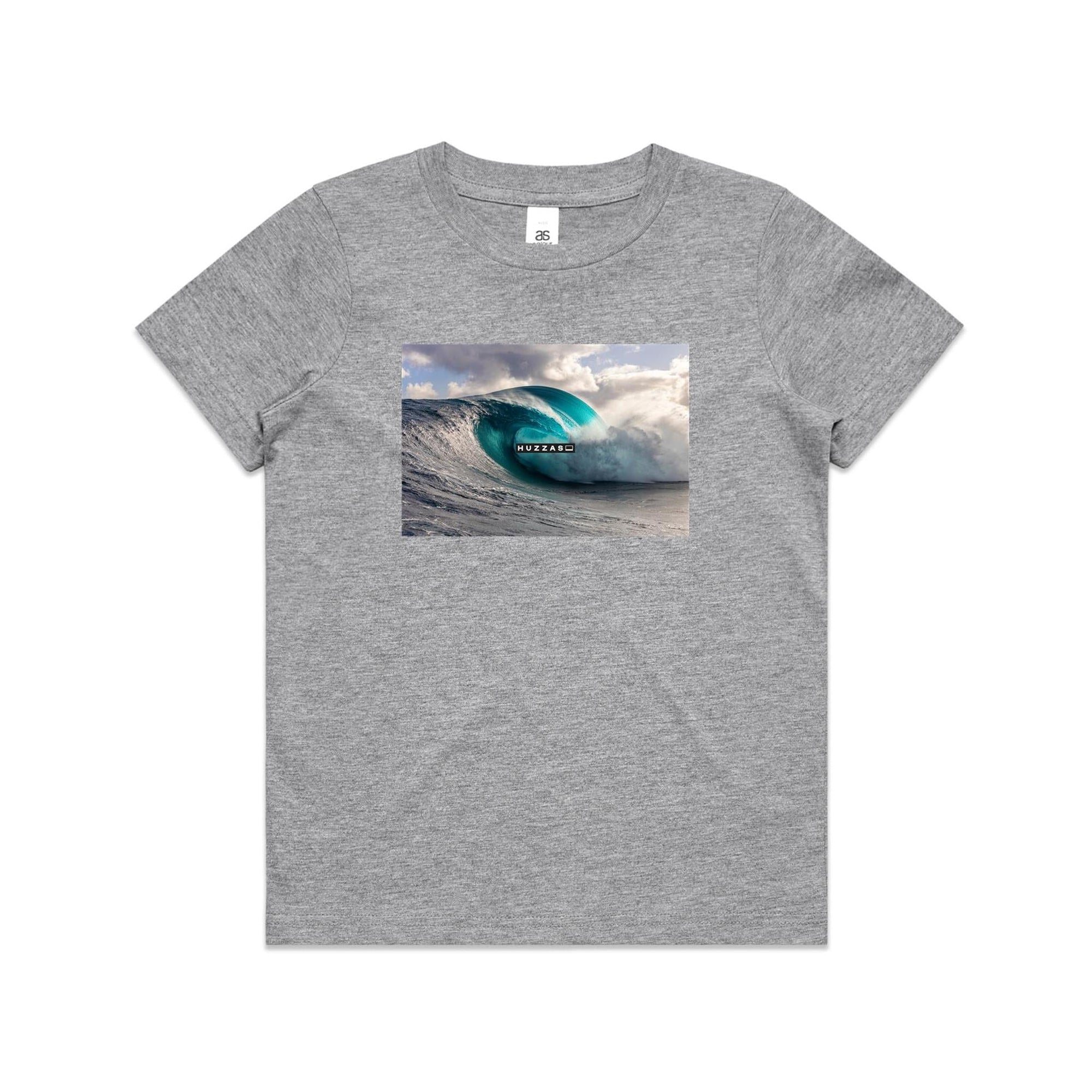 Huzzas Barrel Kids Tee — youth cotton surf t-shirt with barrel wave print, Gracetown