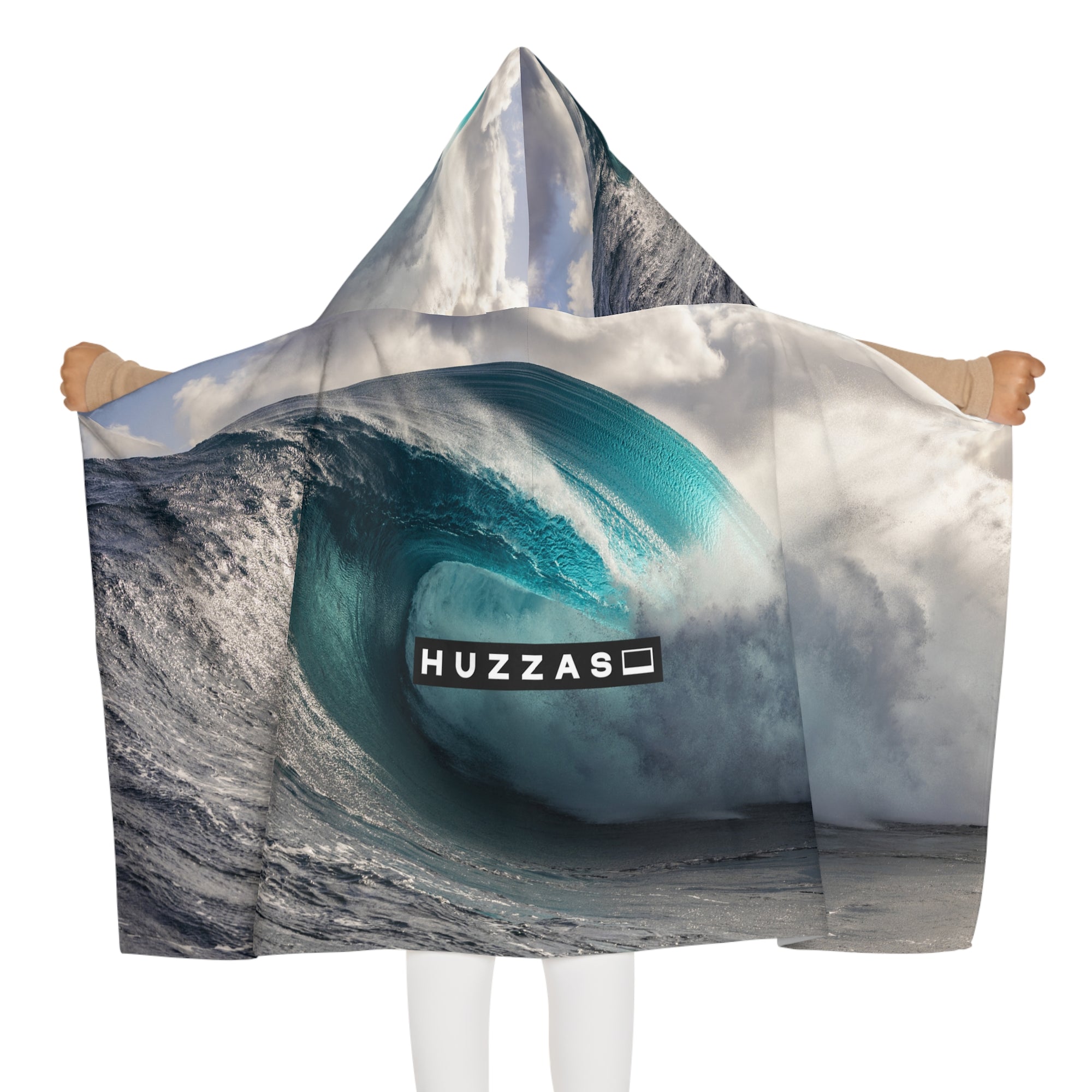 Huzzas Barrel Kids Poncho — youth hooded beach towel poncho with barrel wave print