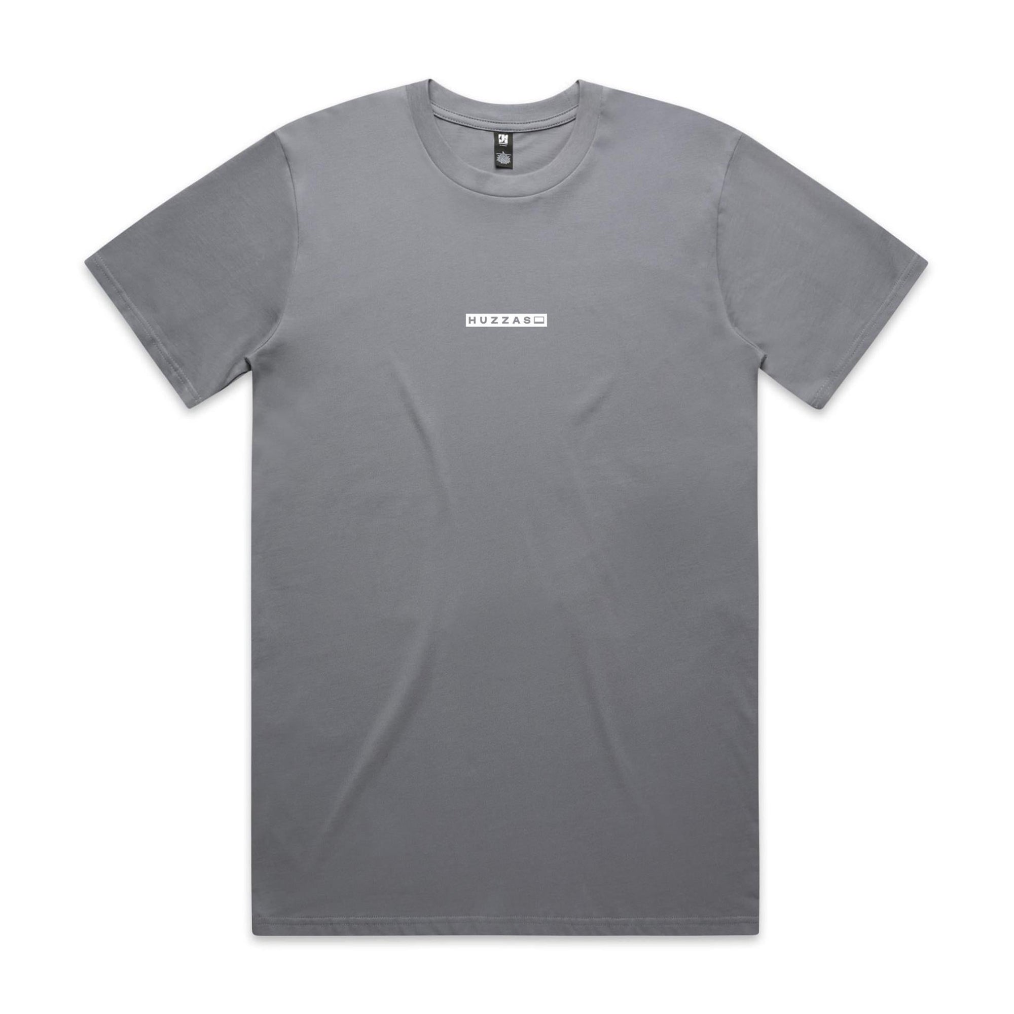 Huzzas Minimal Tee — unisex cotton t-shirt with box logo, Gracetown Western Australia