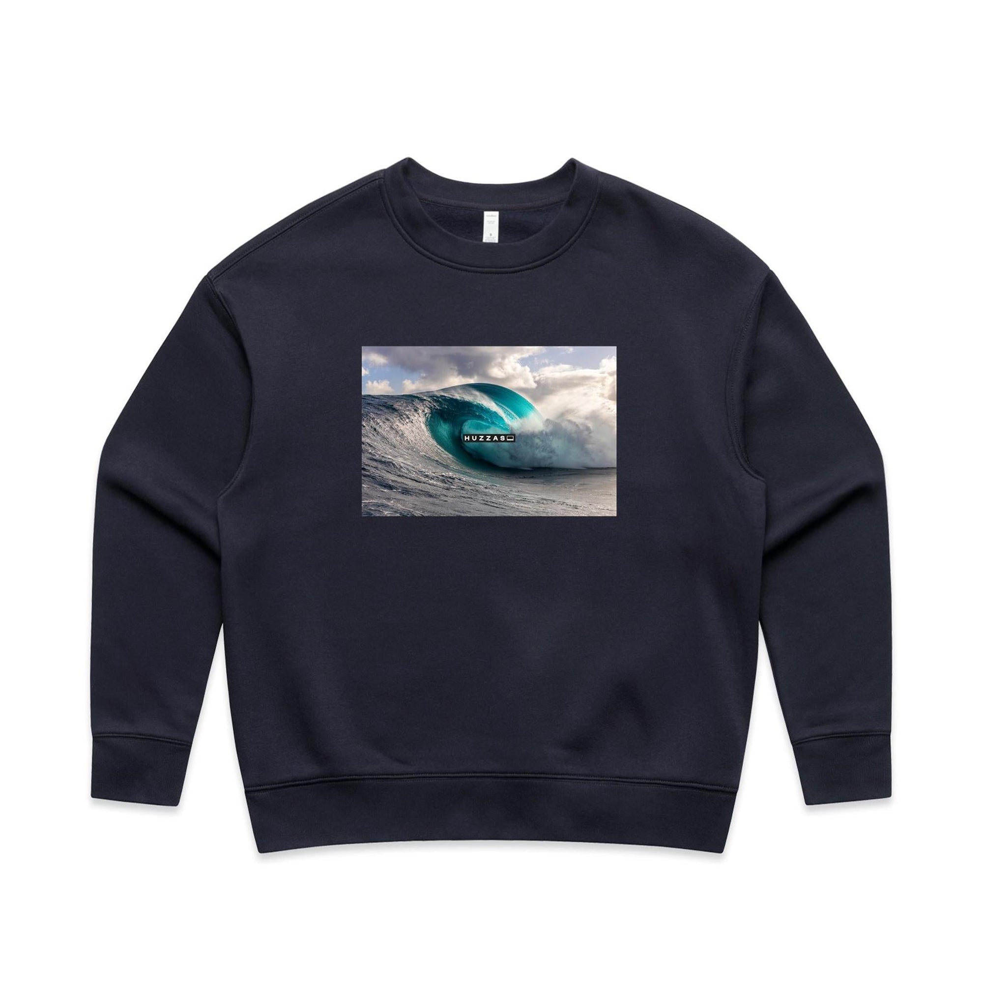 Huzzas Women's Barrel Crew Sweatshirt — women's cotton crew with barrel wave print
