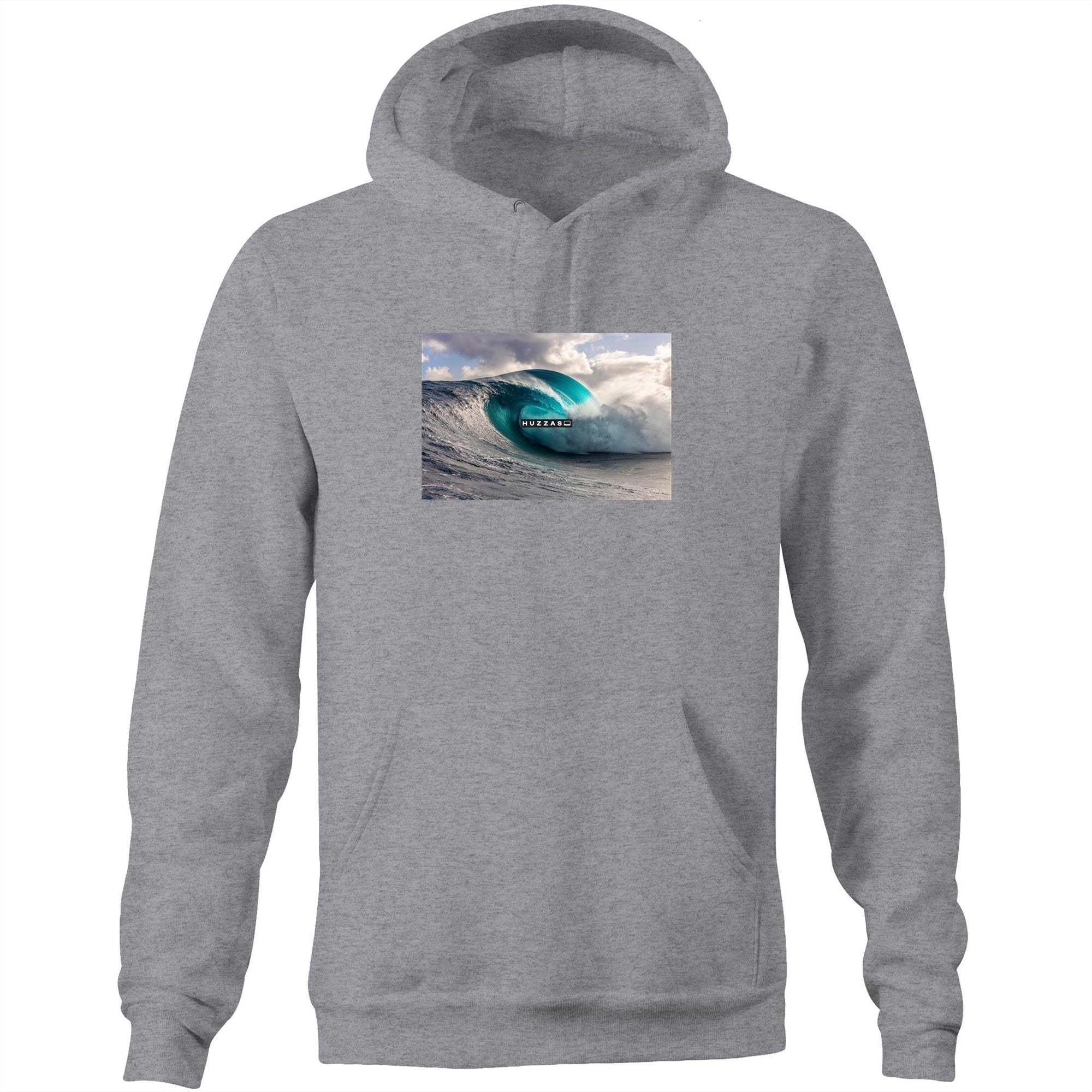 Huzzas Barrel Hoodie — unisex cotton surf pullover with barrel wave print, Gracetown WA
