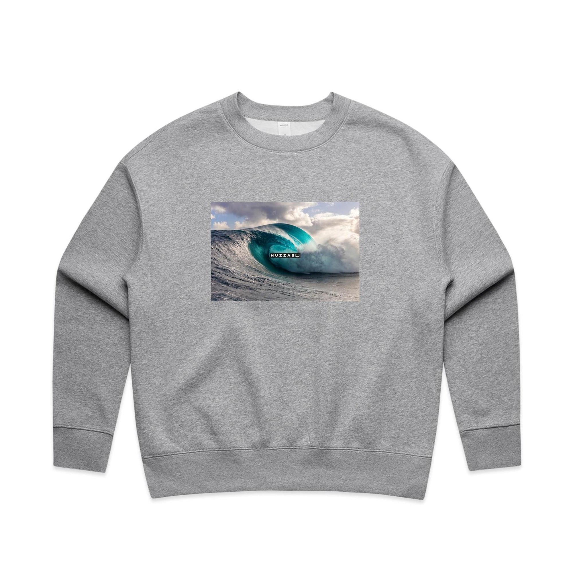 Huzzas Women's Barrel Crew Sweatshirt — women's cotton crew with barrel wave print