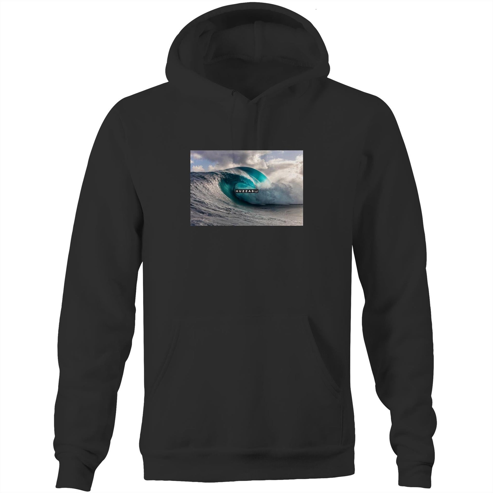 Huzzas Barrel Hoodie — unisex cotton surf pullover with barrel wave print, Gracetown WA