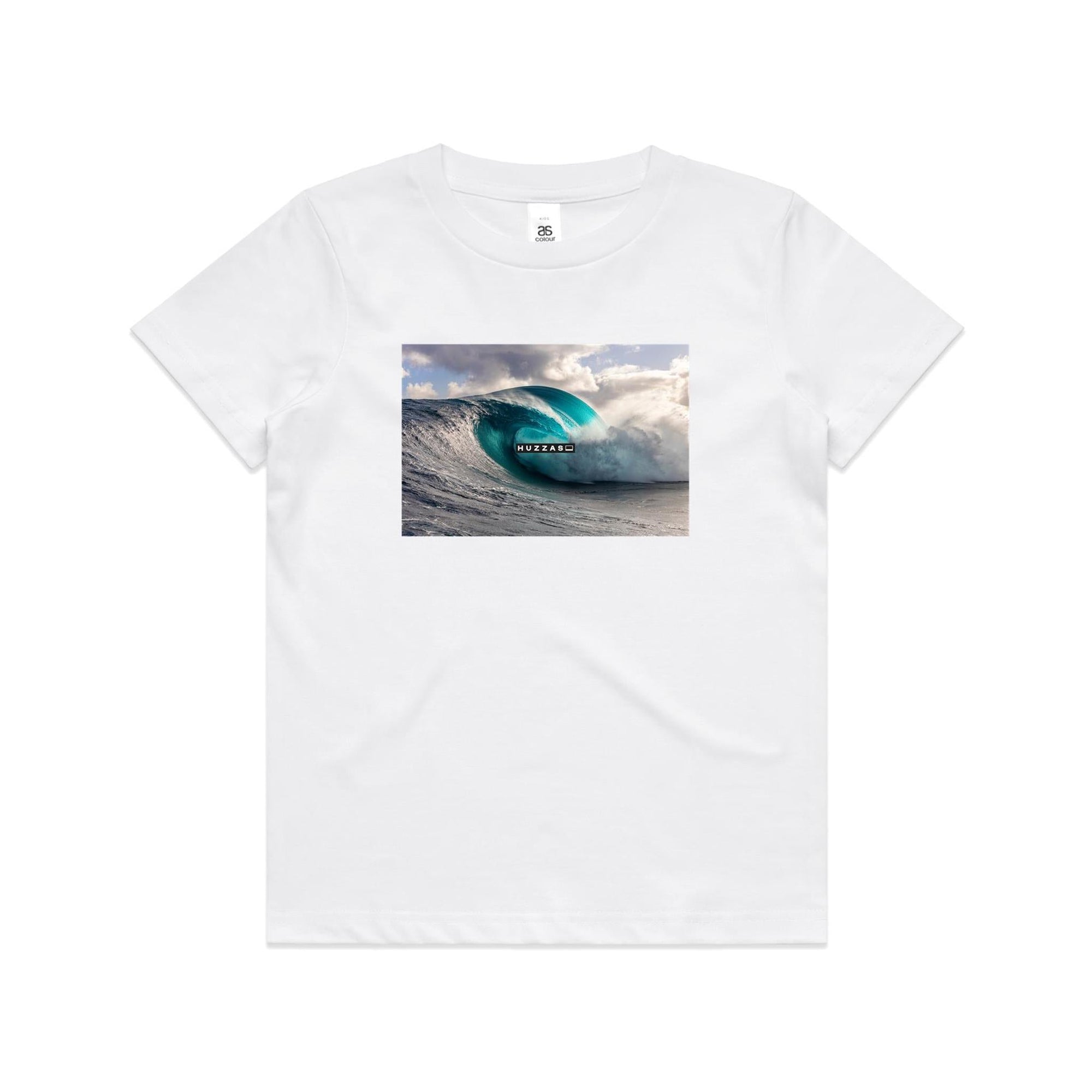 Huzzas Barrel Kids Tee — youth cotton surf t-shirt with barrel wave print, Gracetown